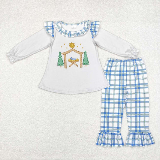 GLP1381 Nativity Top Checkered Pants Girls Christmas Clothes Set