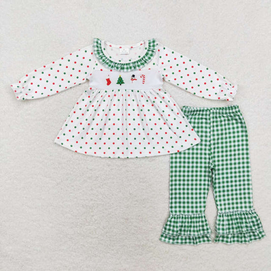 GLP1395 Snowman Embroidery Dots Tunic Top Checkered Pants Girls Christmas Clothes Set