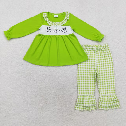 GLP1399 Green Smiling Green Tunic Top Checkered Pants Girls Christmas Clothes Set