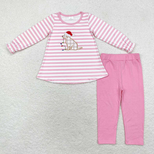 GLP1404 Dog Embroidery Stripes Top Pink Pants Girls Christmas Clothes Set