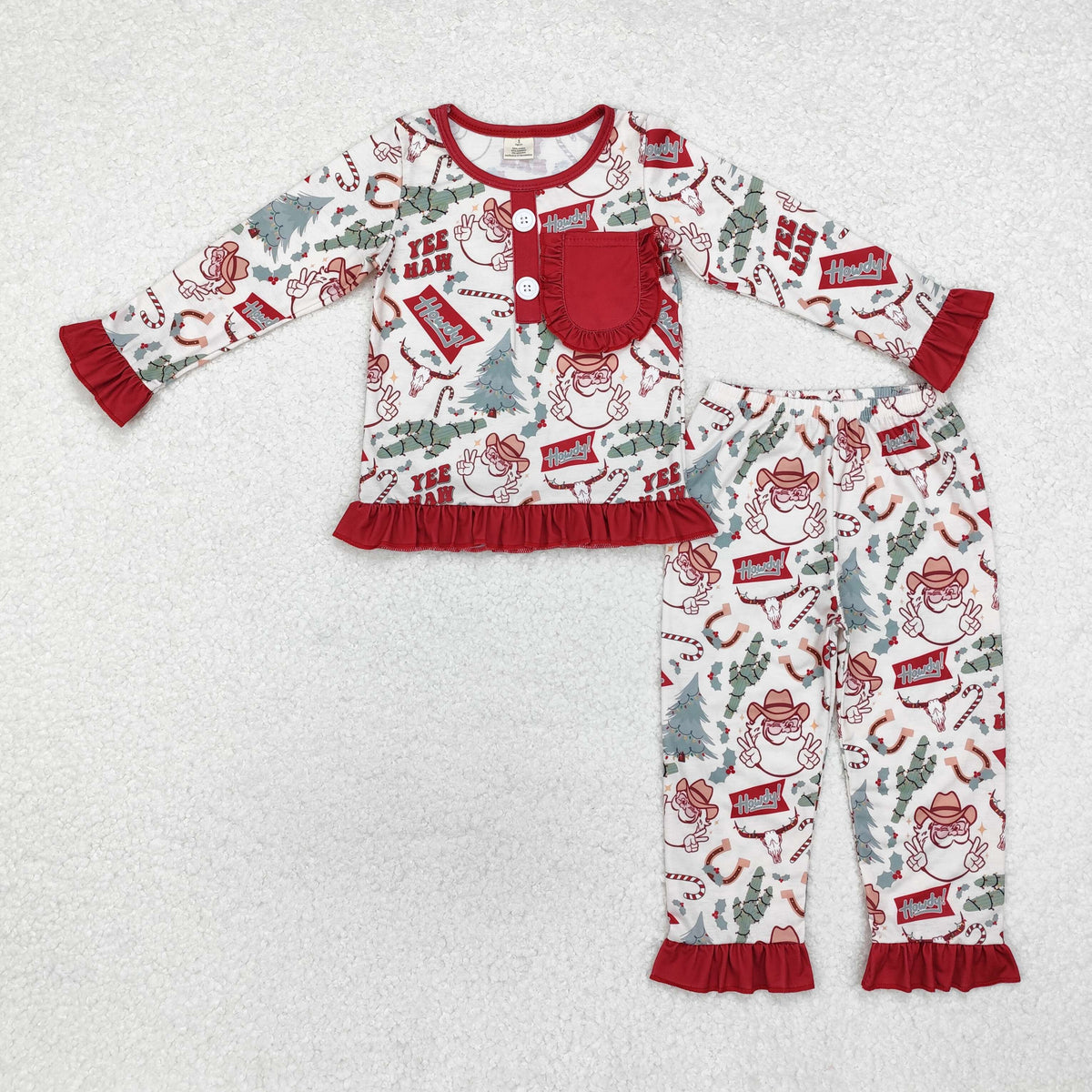 GLP1414 Santa Holly Howdy Print Girls Christmas Bamboo Pajamas Clothes Set