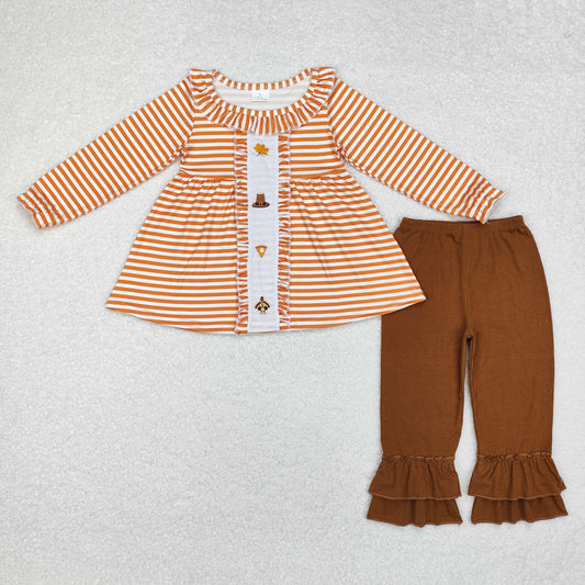 GLP1435 Turkey Embroidery Stripes Tunic Top Brown Pants Girls Thanksgiving Clothes Set
