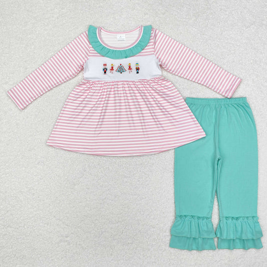 GLP1455 Nutcracke* Soldier Embroidery Pink Stripes Tunic Top Ruffle Pants Girls Christmas Clothes Set