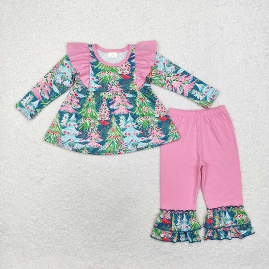 GLP1474 Colorful Tree Tunic Top Ruffle Pants Girls Christmas Clothes Set