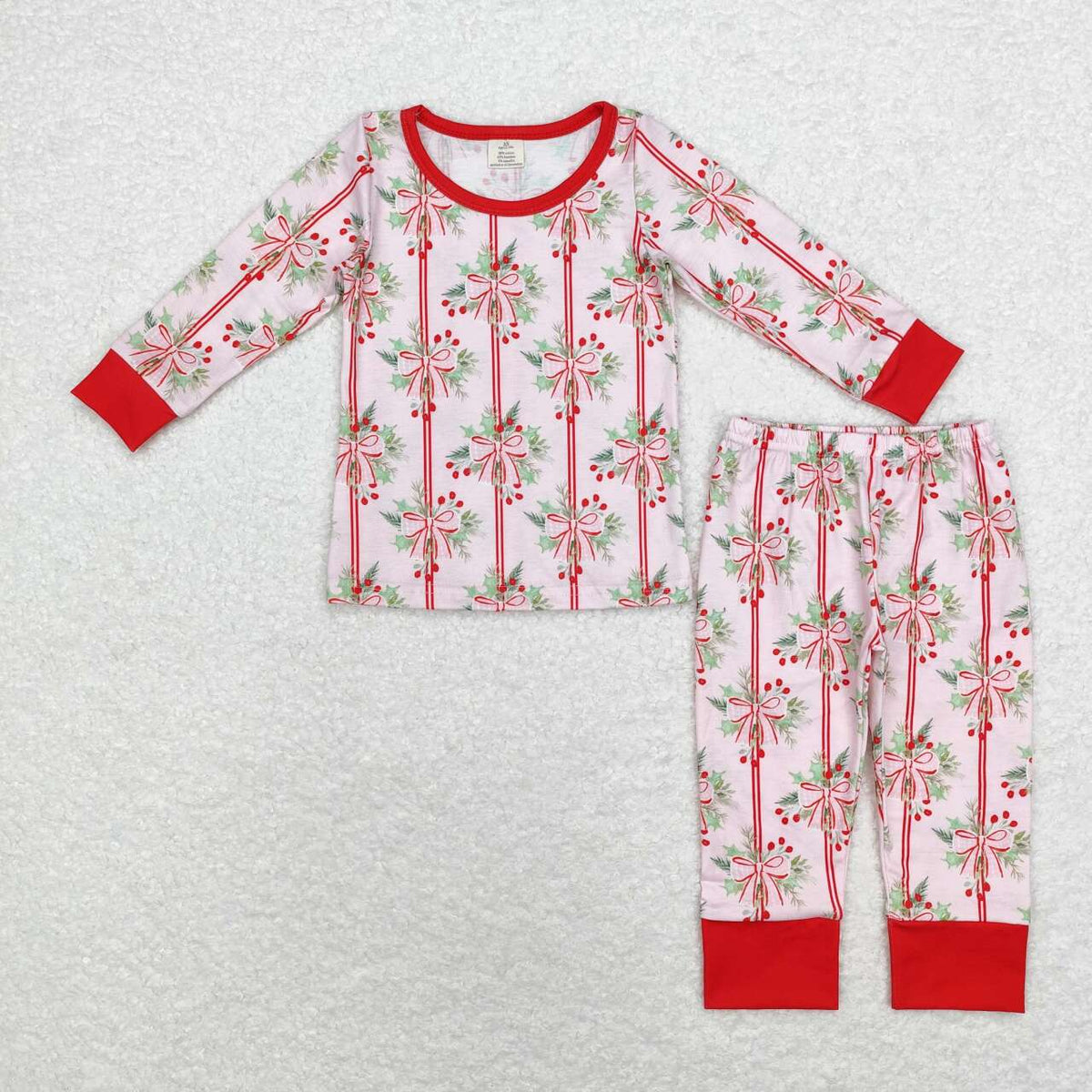 GLP1476 Holly Bows Print Girls Christmas Bamboo Pajamas Clothes Set
