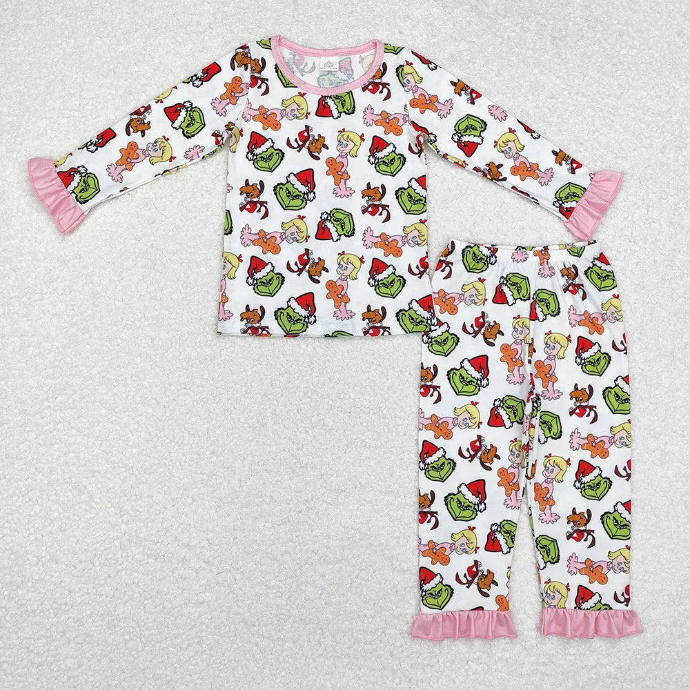 Sibling Baby Girls Long Ruffle Sleeve Green Face Top Pants Bamboo Pajamas Clothes Sets