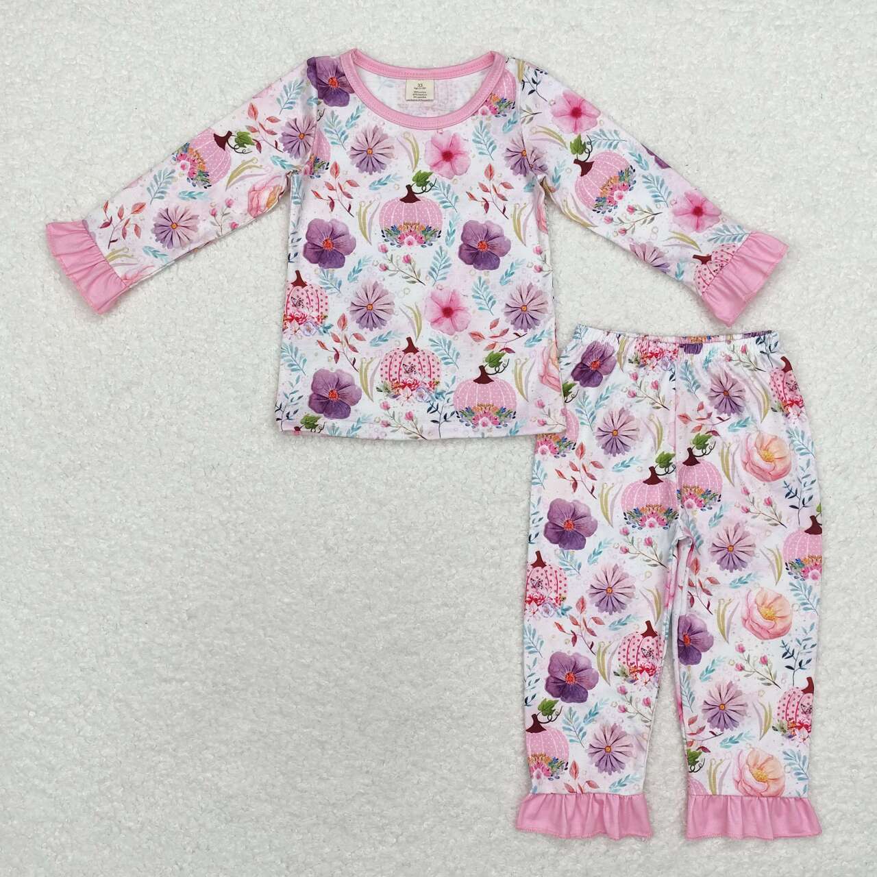 GLP1482 Pumpkin Flowers Long Sleeve Pants Girls Fall Pajamas Clothes Set