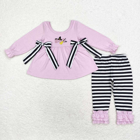 GLP1483 BOO Embroidery Purple Tunic Top Stripes Pants Girls Halloween Clothes Set