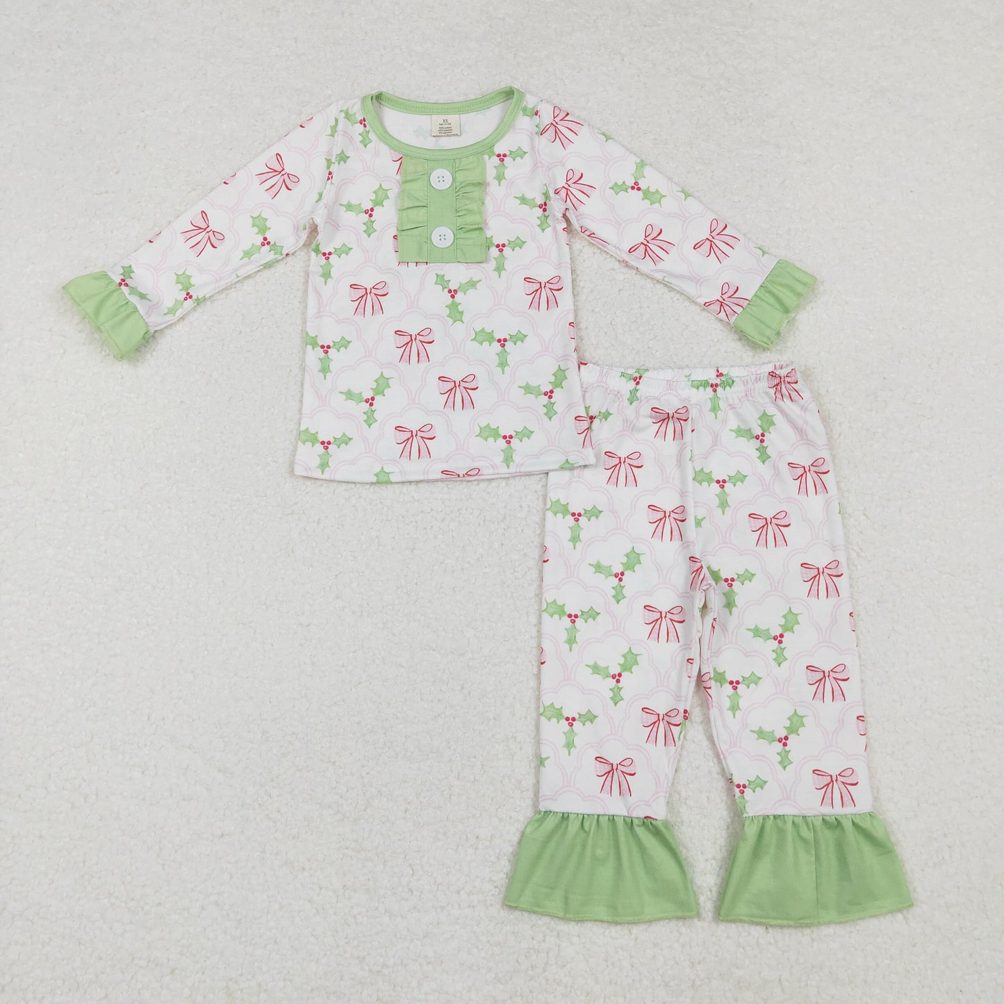 GLP1487 Holly Bows Print Girls Christmas Pajamas Clothes Set