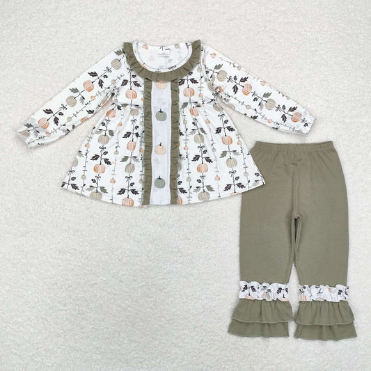 GLP1499 Pumpkin Embroidery Tunic Top Ruffle Pants Girls Fall Clothes Set