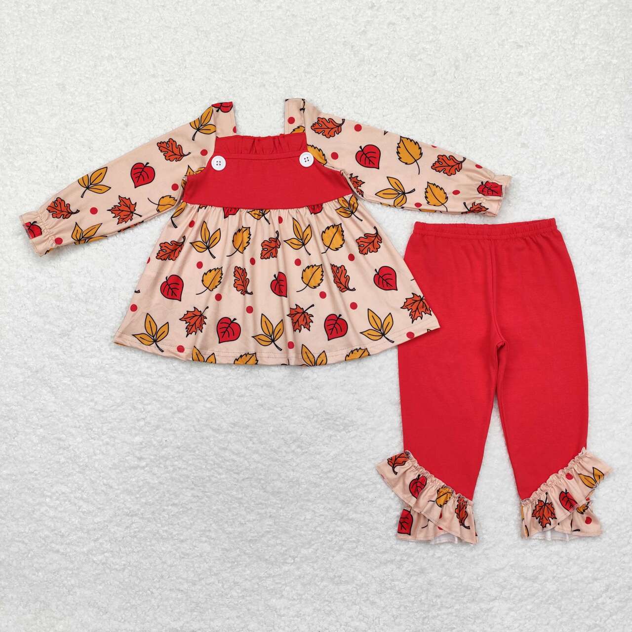 GLP1503 Leaf Tunic Top Ruffle Pants Girls Fall Clothes Set