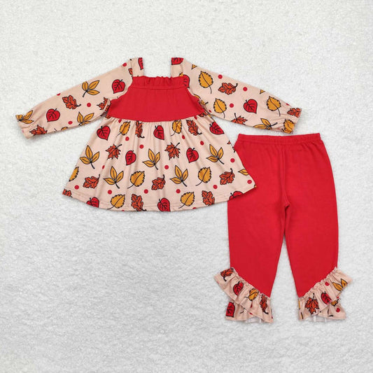 GLP1503 Leaf Tunic Top Ruffle Pants Girls Fall Clothes Set