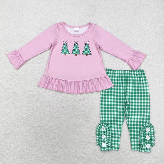 GLP1505 Tree Pink Tunic Top Checkered Pants Girls Christmas Clothes Set