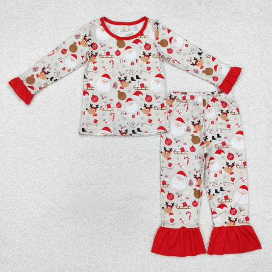 GLP1508 Santa Holly Candy Cane Print Girls Christmas Bamboo Pajamas Clothes Set