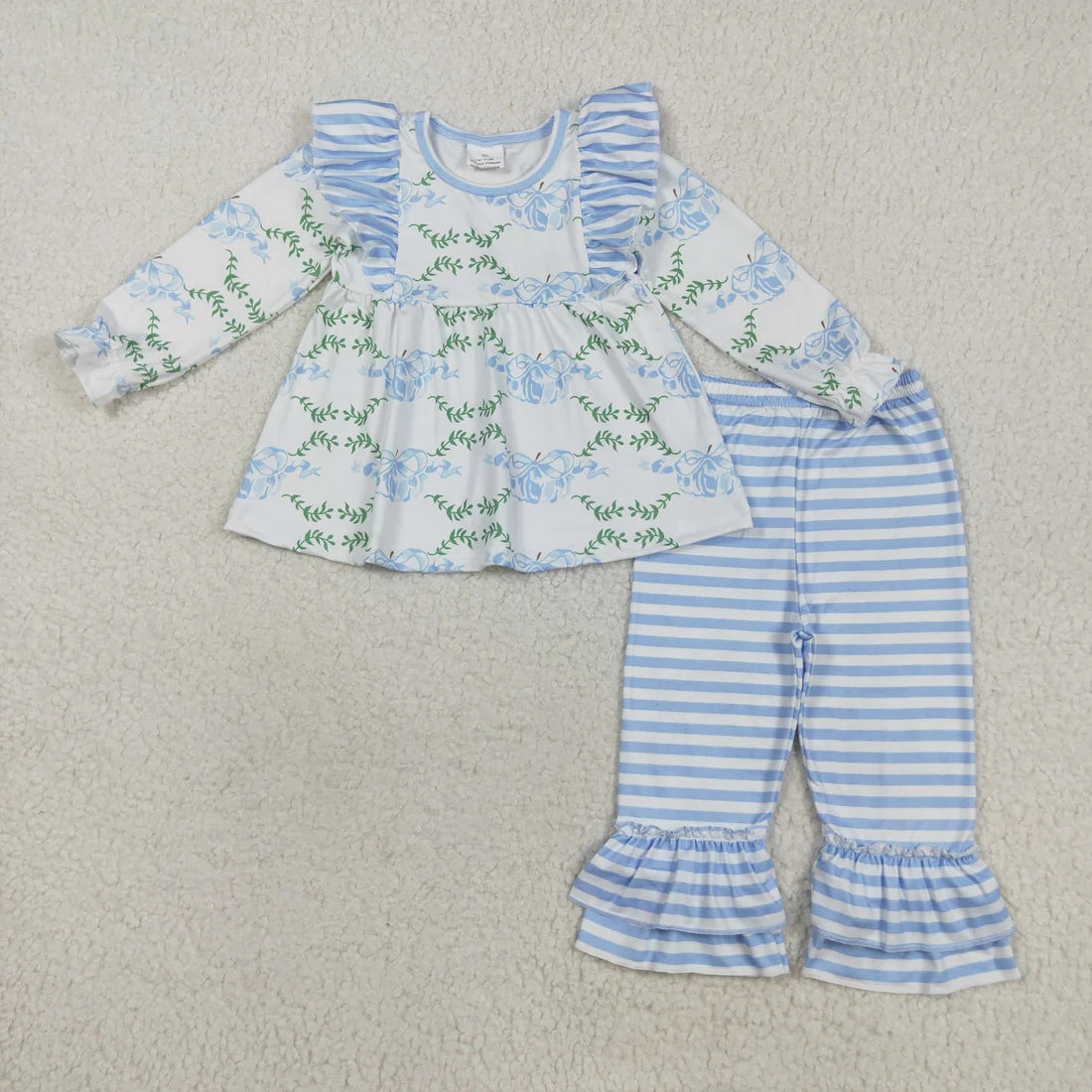 Sibling Baby Girls Bows Flowers Tunic Leggings Pant Long Ruffle Sleeves Clothes Sets