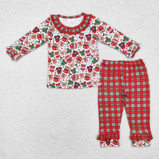 GLP1550 Cartoon Mouse Cookies Top Checkered Pants Girls Christmas Clothes Set