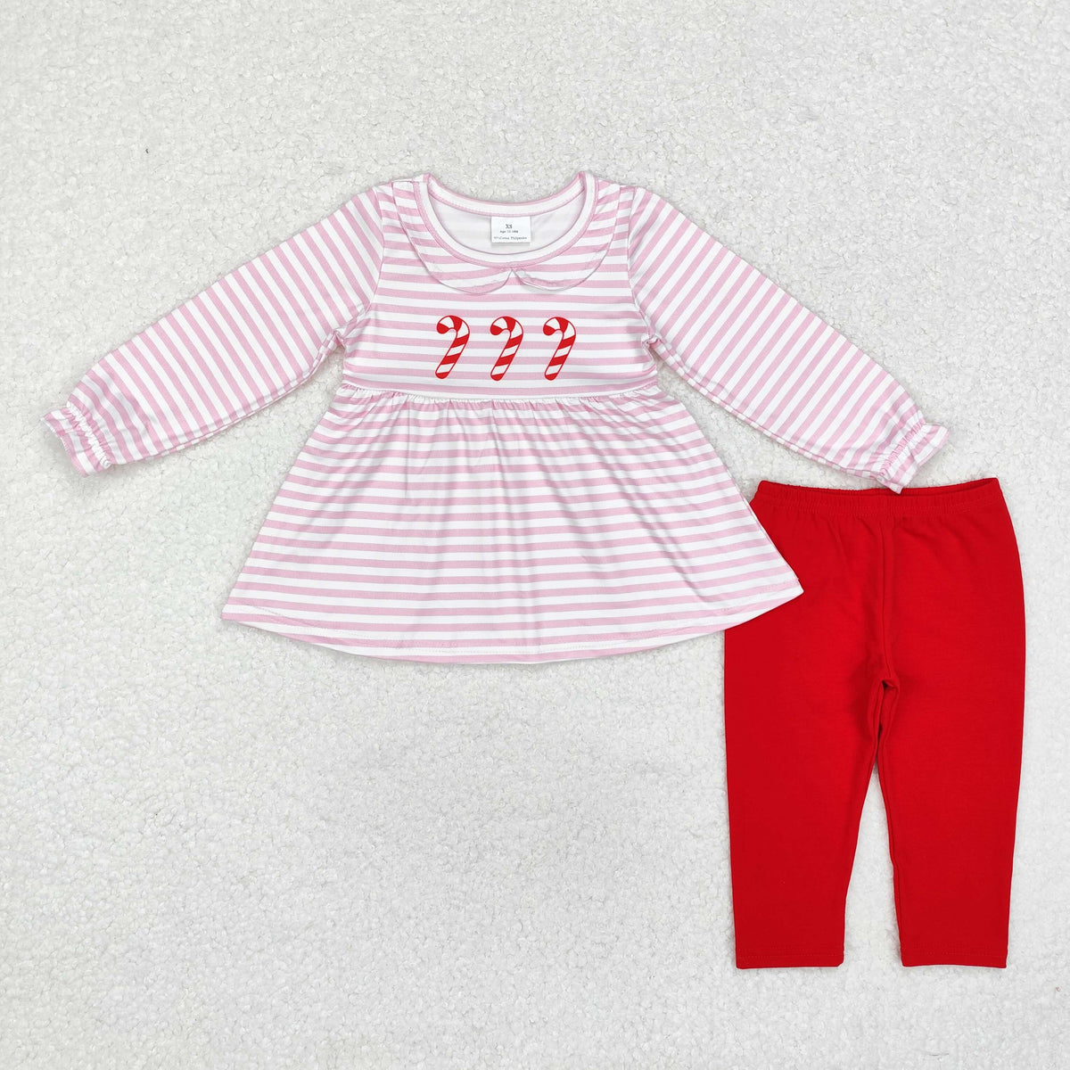 GLP1563 Candy Cane Pink Stripes Tunic Top Red Pants Girls Christmas Clothes Set