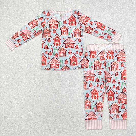 GLP1582 Gingerbread Candy House Print Girls Christmas Bamboo Pajamas Clothes Set
