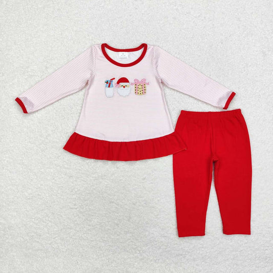 GLP1596 Milk Santa Cookies Embroidery Stripes Tunic Top Red Pants Girls Christmas Clothes Set