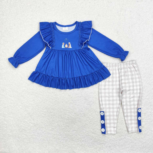 GLP1597 Nativity Blue Ruffle Tunic Top Checkered Pants Girls Christmas Clothes Set