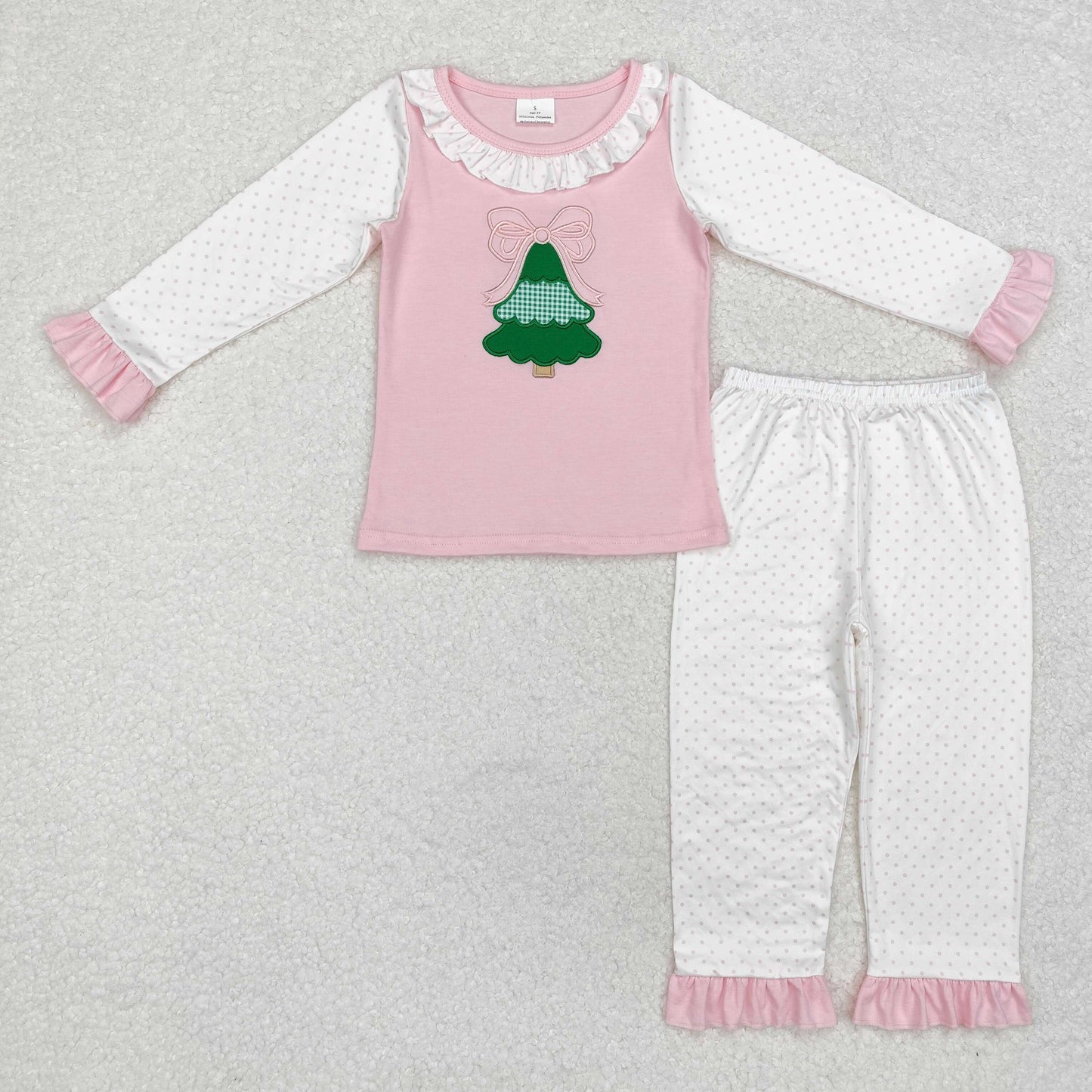 GLP1628 Tree Embroidery Top Dots Pants Girls Christmas Clothes Set
