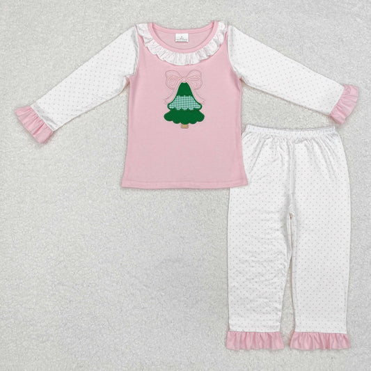 GLP1628 Tree Embroidery Top Dots Pants Girls Christmas Clothes Set