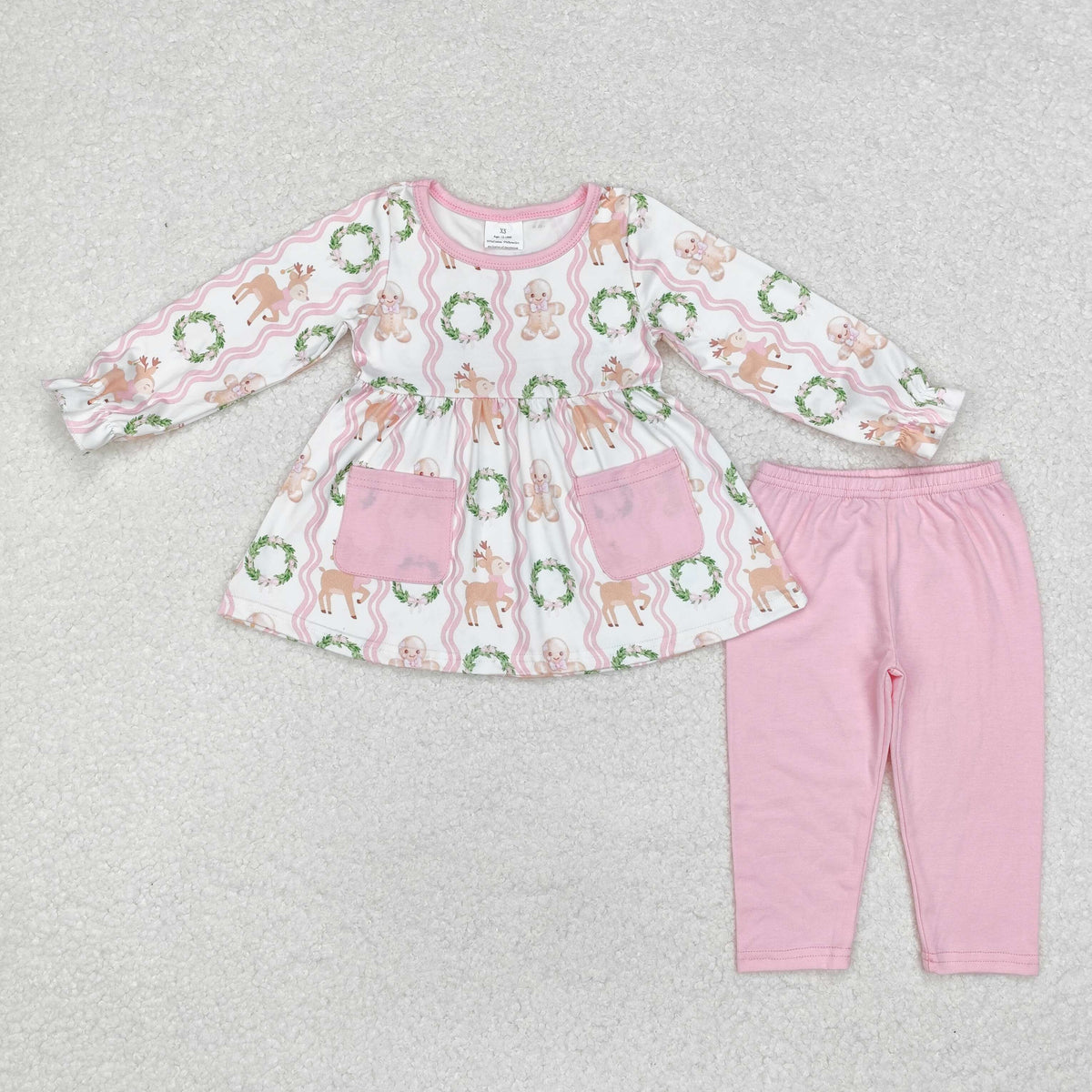 GLP1629 Gingerbread Deer Pockets Tunic Top Pink Pants Girls Christmas Clothes Set