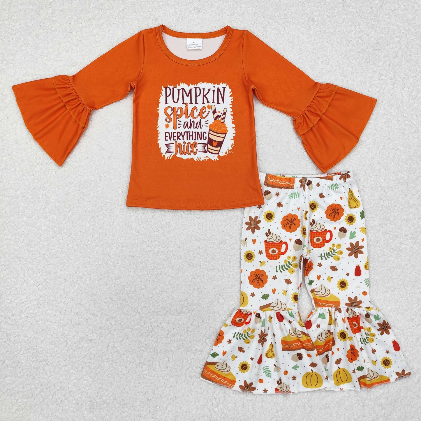 GLP1637 Pumpkin Spice Orange Top Flowers Bell Pants Girls Fall Clothes Set