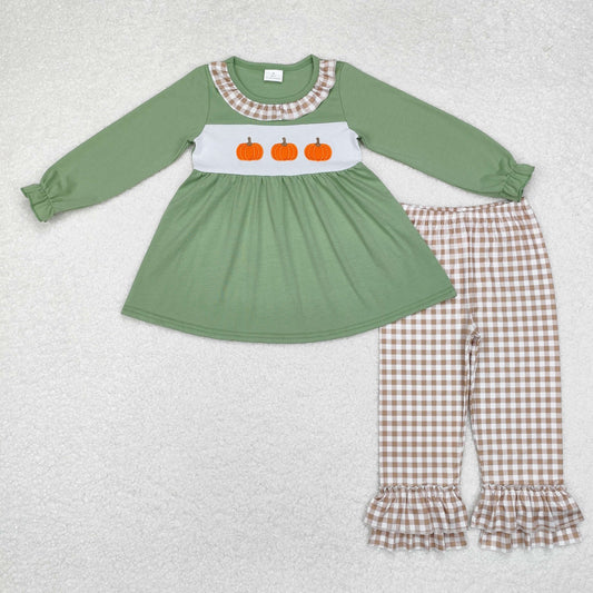 GLP1649 Pumpkin Embroidery Green Tunic Top Checkered Pants Girls Fall Clothes Set