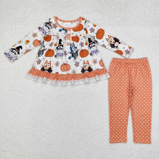 GLP1651 Cartoon Dog Pumpkin Flowers Tunic Top Dots Pants Girls Halloween Clothes Set