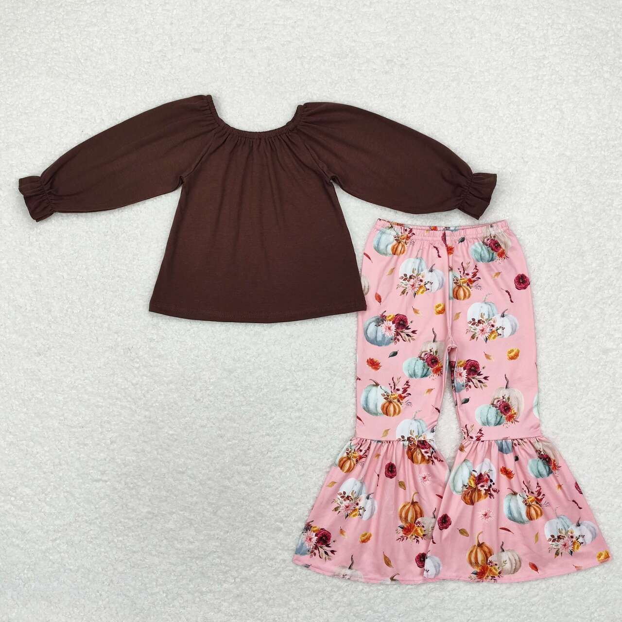 GLP1652 Wine Top Pumpkin Flowers Bell Pants Girls Fall Clothes Set
