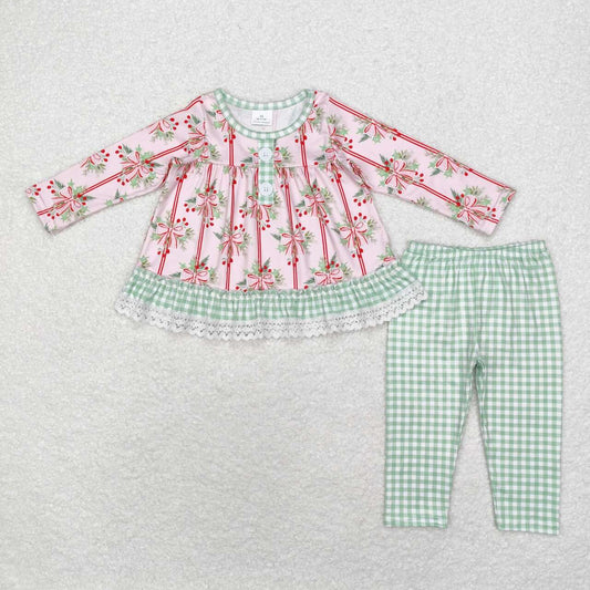 GLP1663 Holly Bows Ruffle Tunic Top Checkered Pants Girls Christmas Clothes Set