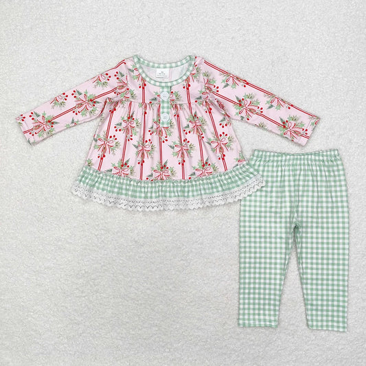 Sibling Baby Girls  Christmas Holly Bow Outfit Romper