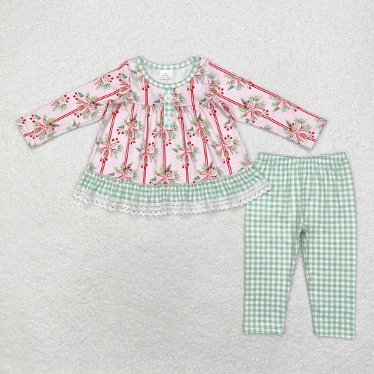Sibling Baby Girls Long Ruffle Sleeves Santa Trees Bows Tunic Pants Christmas Clothes Sets