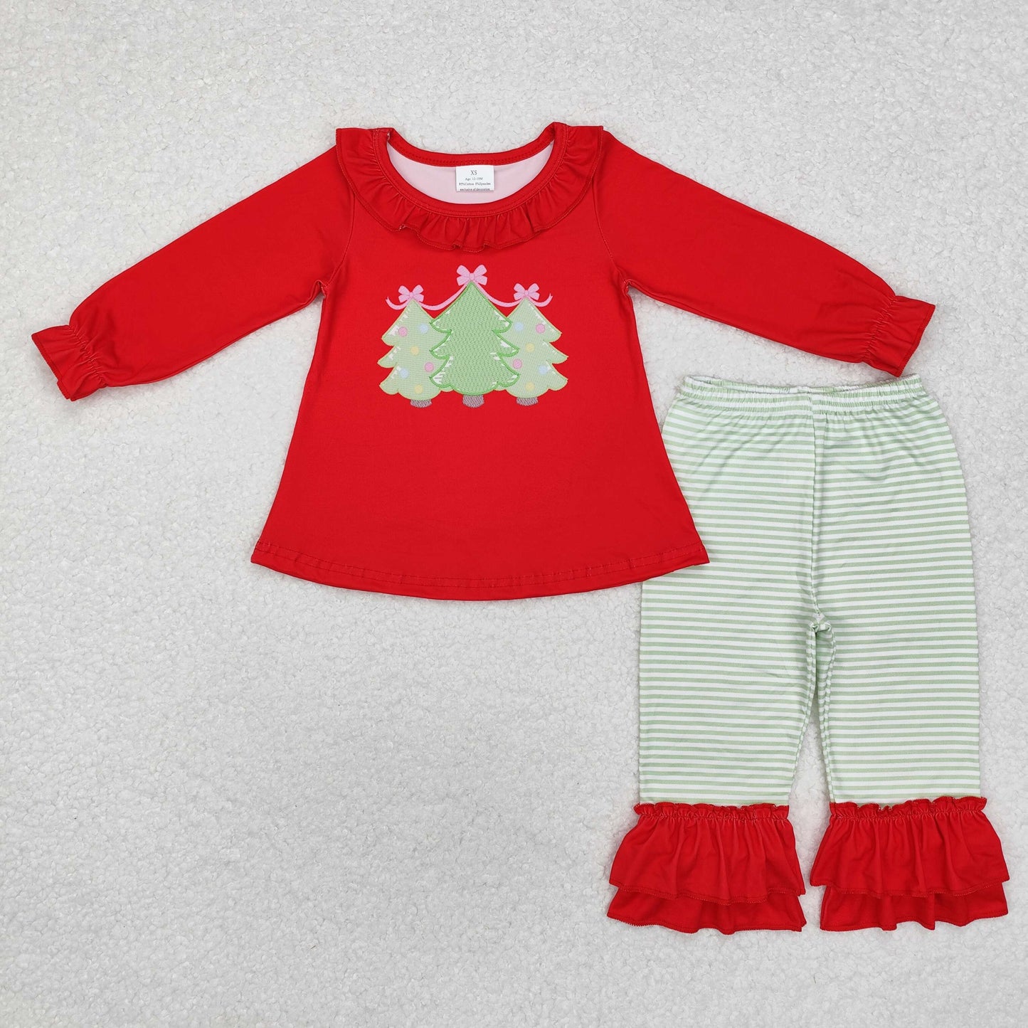 GLP1672 Tree Red Top Stripes Pants Girls Christmas Clothes Set