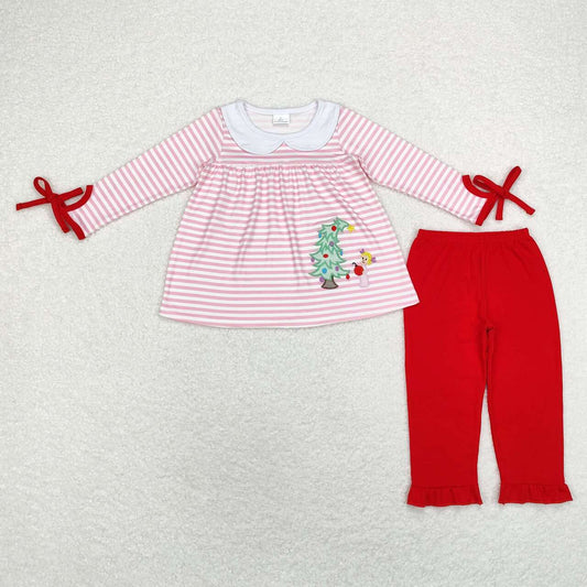 GLP1677 Tree Embroidery Stripes Tunic Top Red Pants Girls Christmas Clothes Sets