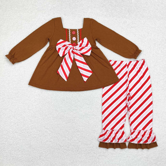 GLP1682 Gingerbread Design Brown Big Bow Tunic Top Stripes Pants Girls Christmas Clothes Set