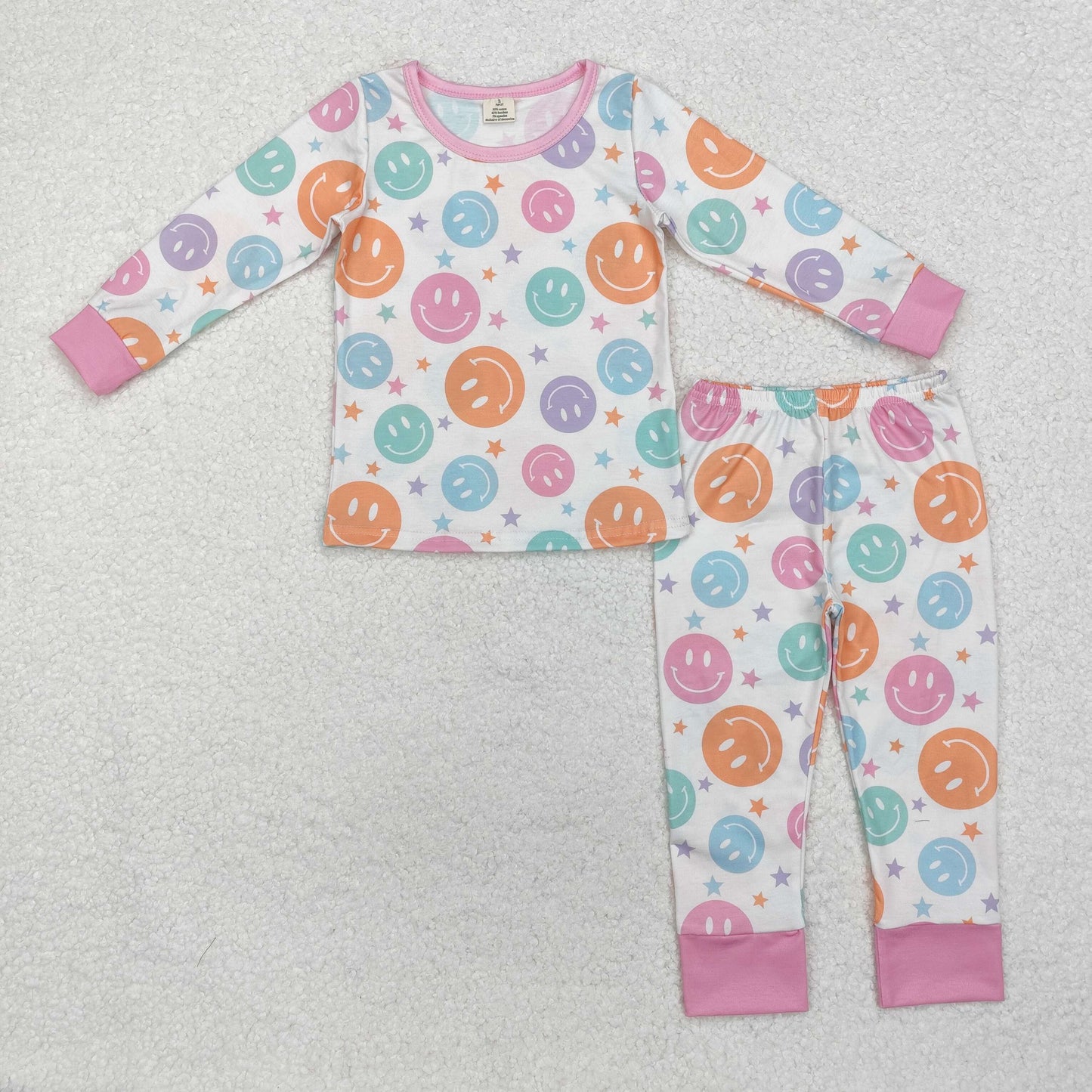 GLP1694 Smiling Face Stars Long Sleeve Pants Girls Pajamas Clothes Set