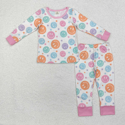 GLP1694 Smiling Face Stars Long Sleeve Pants Girls Pajamas Clothes Set
