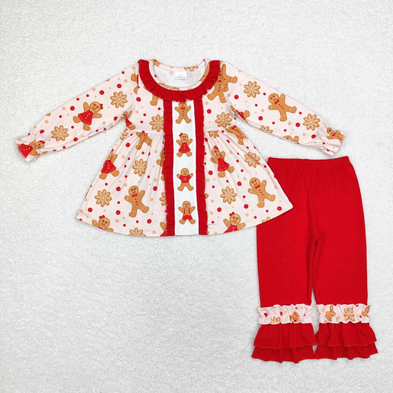 GLP1697 Gingerbread Ruffle Tunic Top Red Pants Girls Christmas Clothes Set