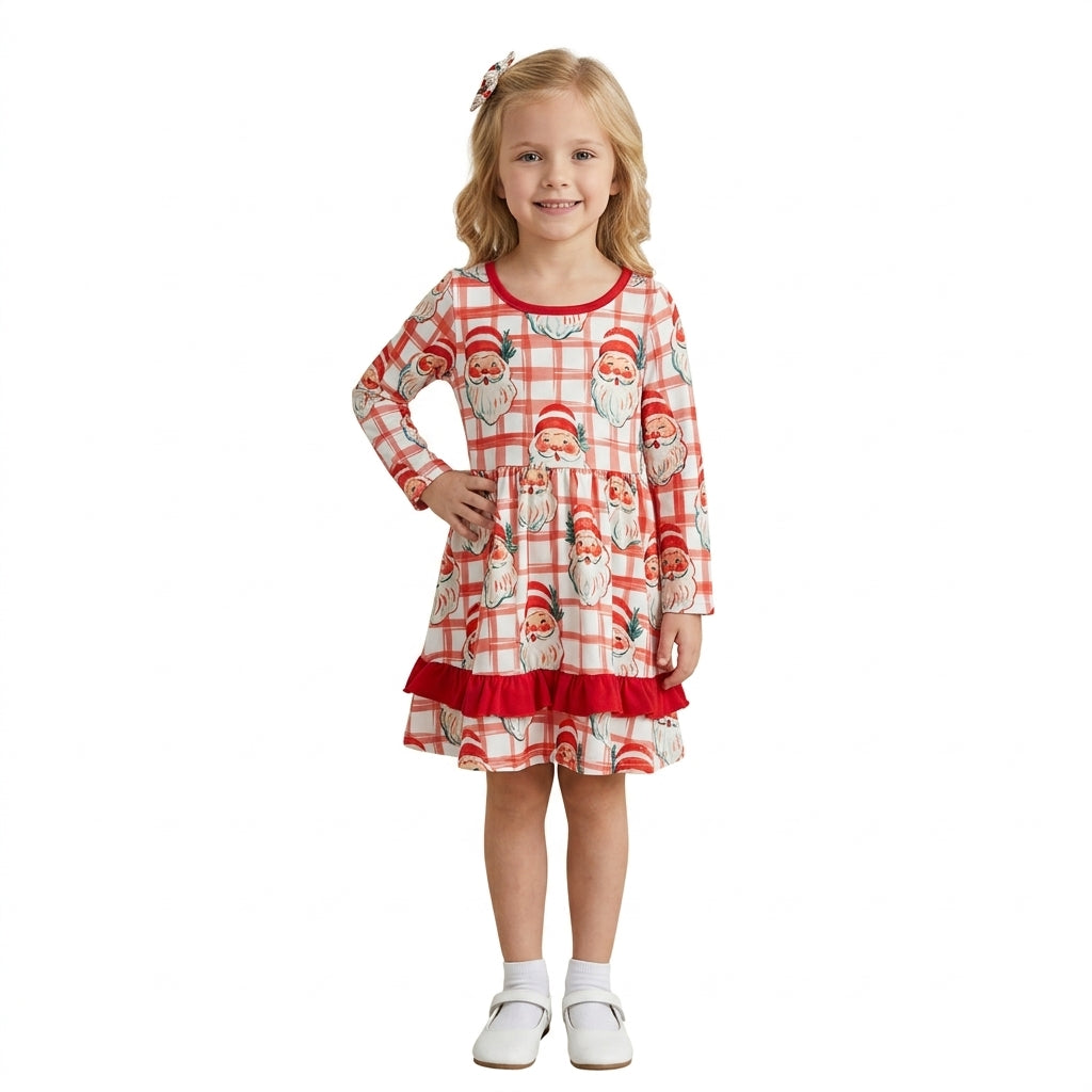 GLD1710 Santa Checkered Baby Girls Christmas Long Sleeve Knee Length Ruffle Dress