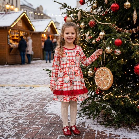 GLD1710 Santa Checkered Baby Girls Christmas Long Sleeve Knee Length Ruffle Dress