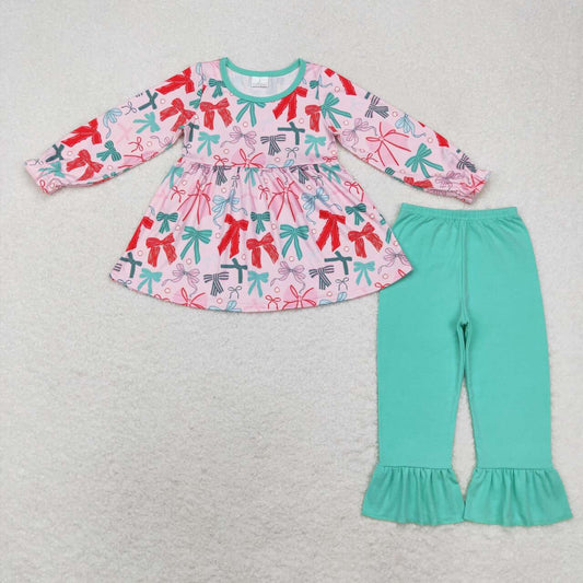 GLP1716 Green Red Bows Tunic Top Ruffle Pants Girls Christmas Clothes Set