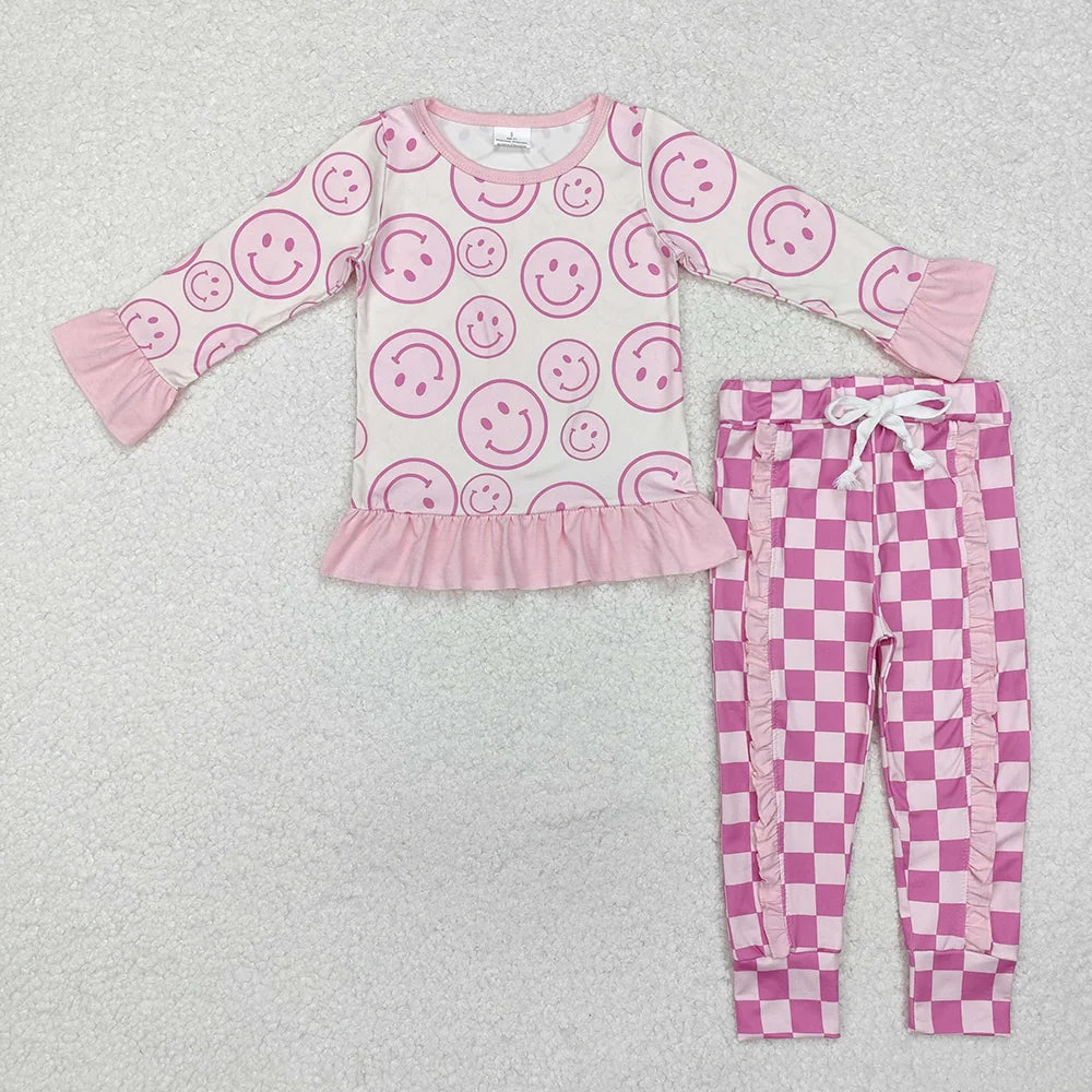Sibling Baby Girls  Smile Face Long Sleeve Top with Checkec Pants Outfit