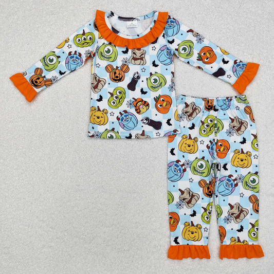 GLP1738 Cartoon Monster Pumpkin Checkered Print Girls Halloween Pajamas Clothes Set