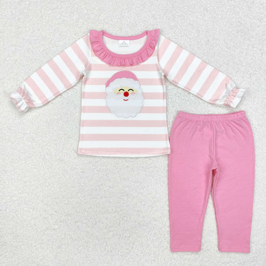 GLP1739 Santa Embroidery Stripes Top Pink Pants Girls Christmas Clothes Sets