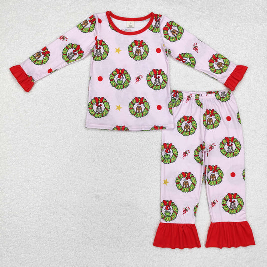 GLP1741 Green Frog Holly Print Girls Christmas Bamboo Pajamas Clothes Set