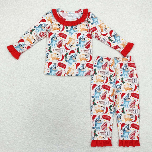 GLP1752 Cartoon Dog Debbie Cake Holly Print Girls Christmas Pajamas Clothes Set