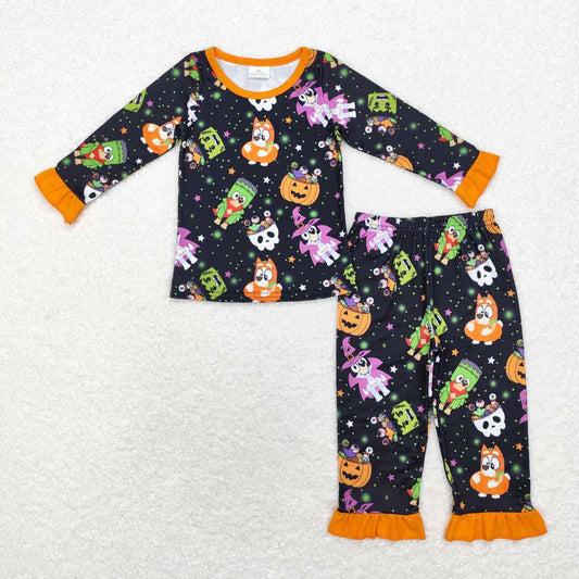 GLP1756 Cartoon Dog Pumpkin Stars Print Girls Halloween Pajamas Clothes Set