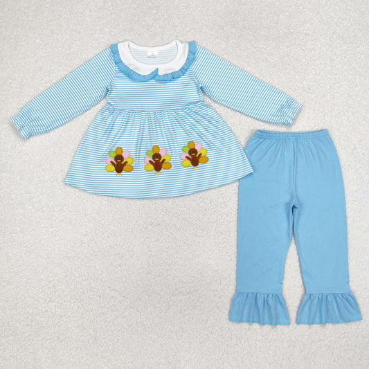 GLP1768 Turkey Embroidery Blue Stripes Tunic Top Ruffle Pants Girls Thanksgiving Clothes Set